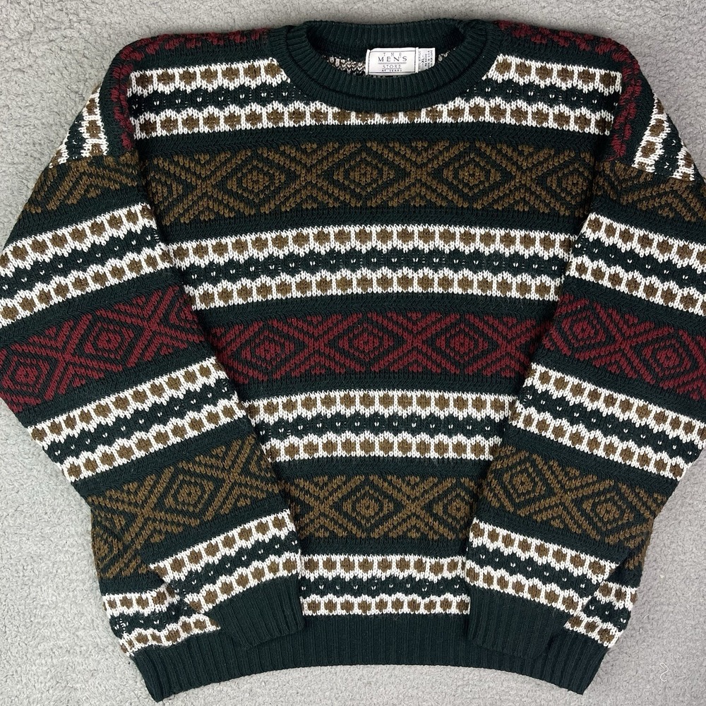 Vintage Sweater Men XL Green Red Striped Knit Pullover The Mens Store Acrylic